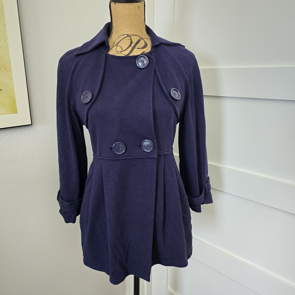 Simply Chloe Dao Navy Double-Breasted Peplum Trench Sweater Jacket. EUC Cute!! - Picture 2 of 5